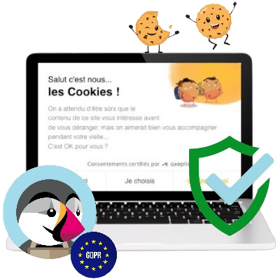Solution RGPD PrestaShop - Illustration d'un ordinateur portable affichant une bannière de consentement aux cookies avec des personnages cookies souriants, accompagné du logo prestashop et d'un bouclier de validation vert, symbolisant la conformité RGPD pour les boutiques PrestaShop.