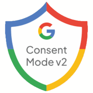 Logo officiel représentant la protection et la conformité avec le Consent Mode v2 de Google, affiché dans un bouclier aux couleurs Google (bleu, rouge, jaune, vert).