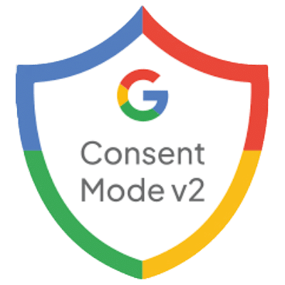 Logo officiel représentant la protection et la conformité avec le Consent Mode v2 de Google, affiché dans un bouclier aux couleurs Google (bleu, rouge, jaune, vert).