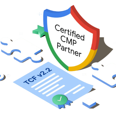 Illustration d'un bouclier "Certified CMP Partner" multicolore avec un document de certification TCF v2.2, symbolisant la conformité en gestion du consentement.