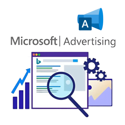 Untitled (17) Logo Microsoft Advertising avec illustration d'un tableau de bord analytique. L'image montre une interface web avec des résultats de recherche, une loupe pour l'analyse, un graphique en barres indiquant la croissance, et des icônes d'engrenages représentant les outils d'optimisation publicitaire.